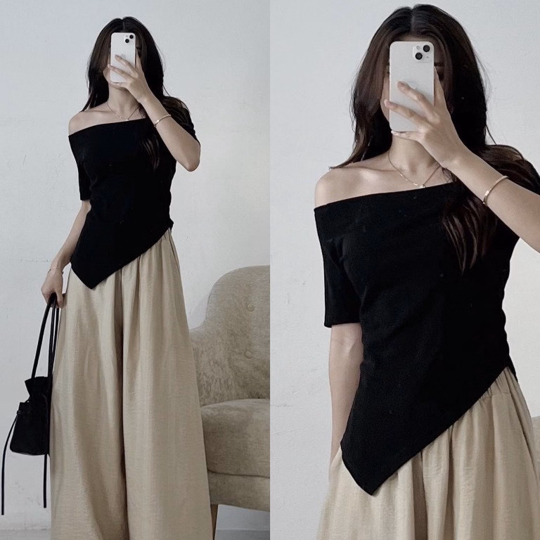 Áo Thun Nữ Chất Thun Gân Ôm Bodytay Ngắn Trễ Vai Vạt Nhọn Gu371 - Nana House - Ảnh 3