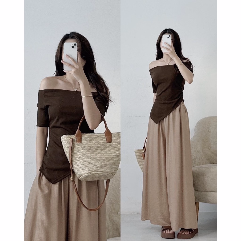 Áo Thun Nữ Chất Thun Gân Ôm Bodytay Ngắn Trễ Vai Vạt Nhọn Gu371 - Nana House - Ảnh 4