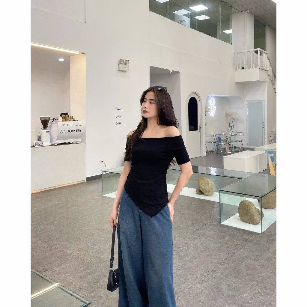 Áo Thun Nữ Chất Thun Gân Ôm Bodytay Ngắn Trễ Vai Vạt Nhọn Gu371 - Nana House - Ảnh 2