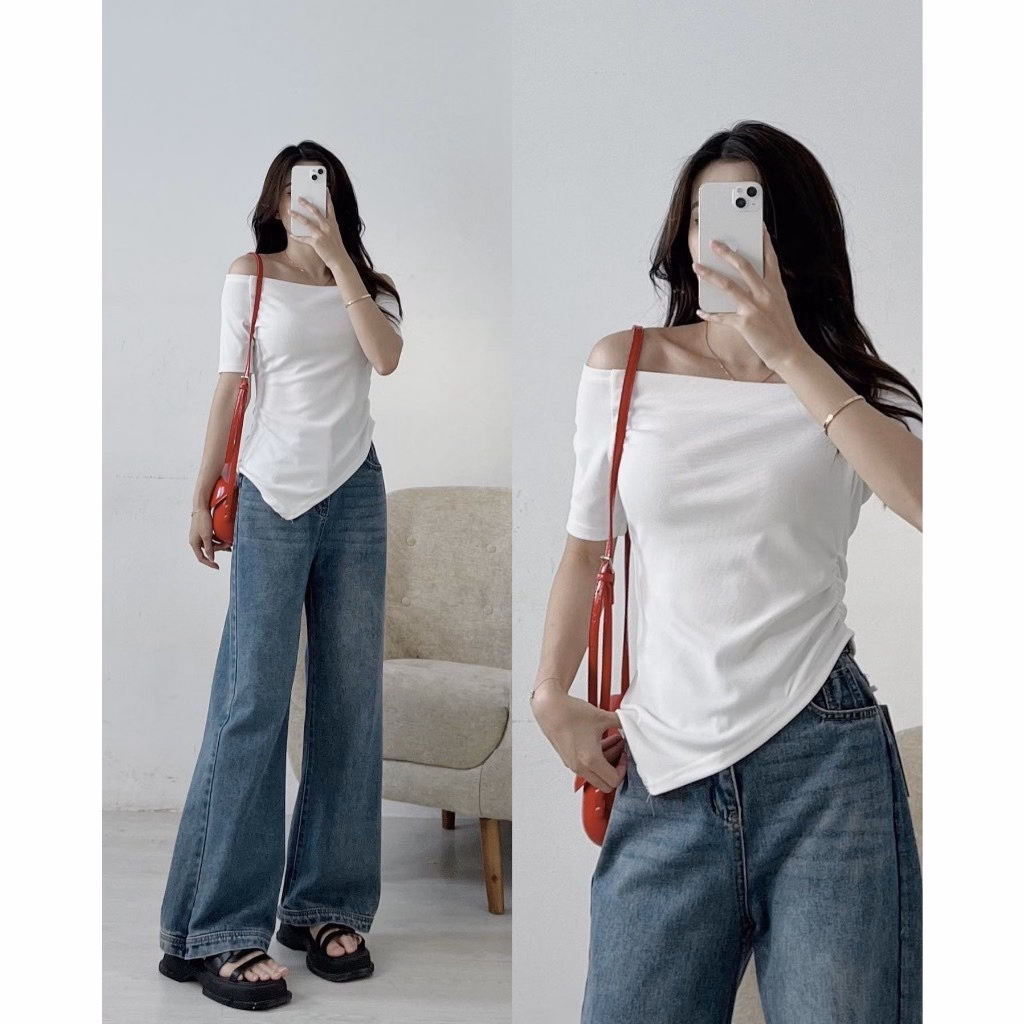 Áo Thun Nữ Chất Thun Gân Ôm Bodytay Ngắn Trễ Vai Vạt Nhọn Gu371 - Nana House - Ảnh 10