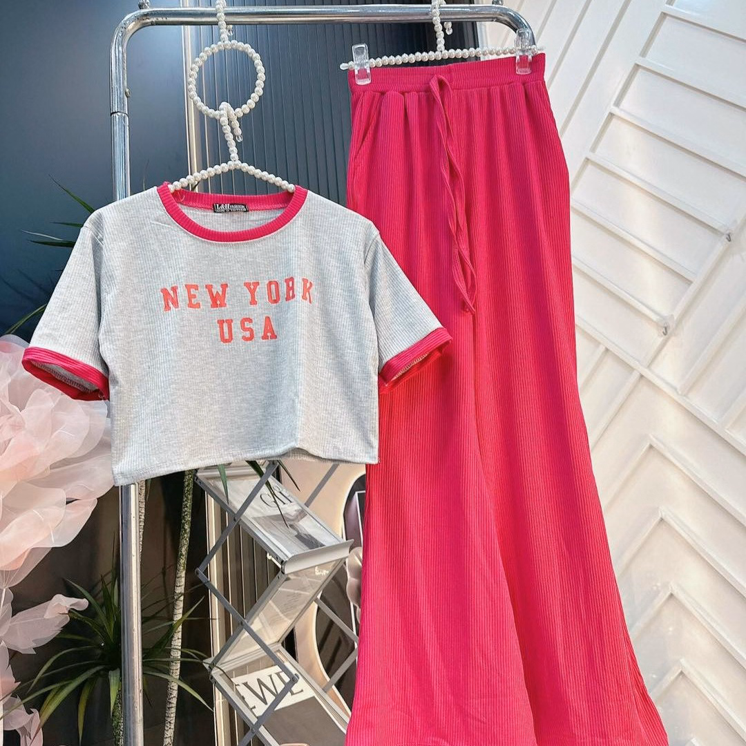 Set Bộ Đồ Nữ Thun Gân Áo Crotop Phối Quần Ống Rộng Bt862 - Nana House - Ảnh 4