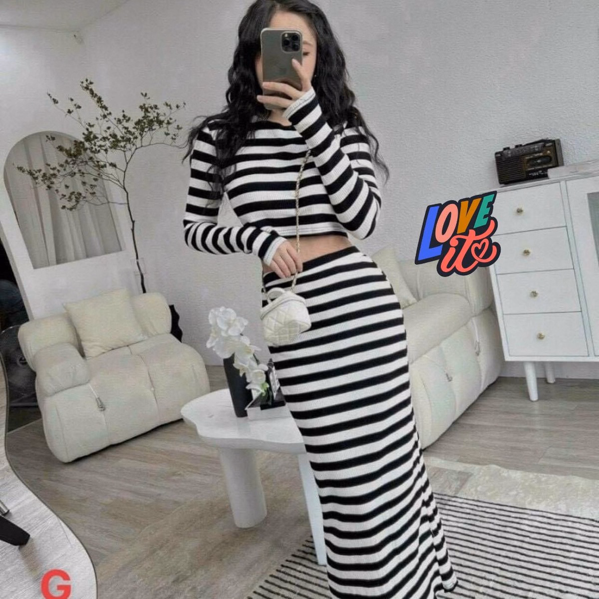 Set Đầm Váy Nữ Áo Crotop Tay Dài Phối Chân Váy Sọc Đen Trắng Bt752 - Nana House - Ảnh 3