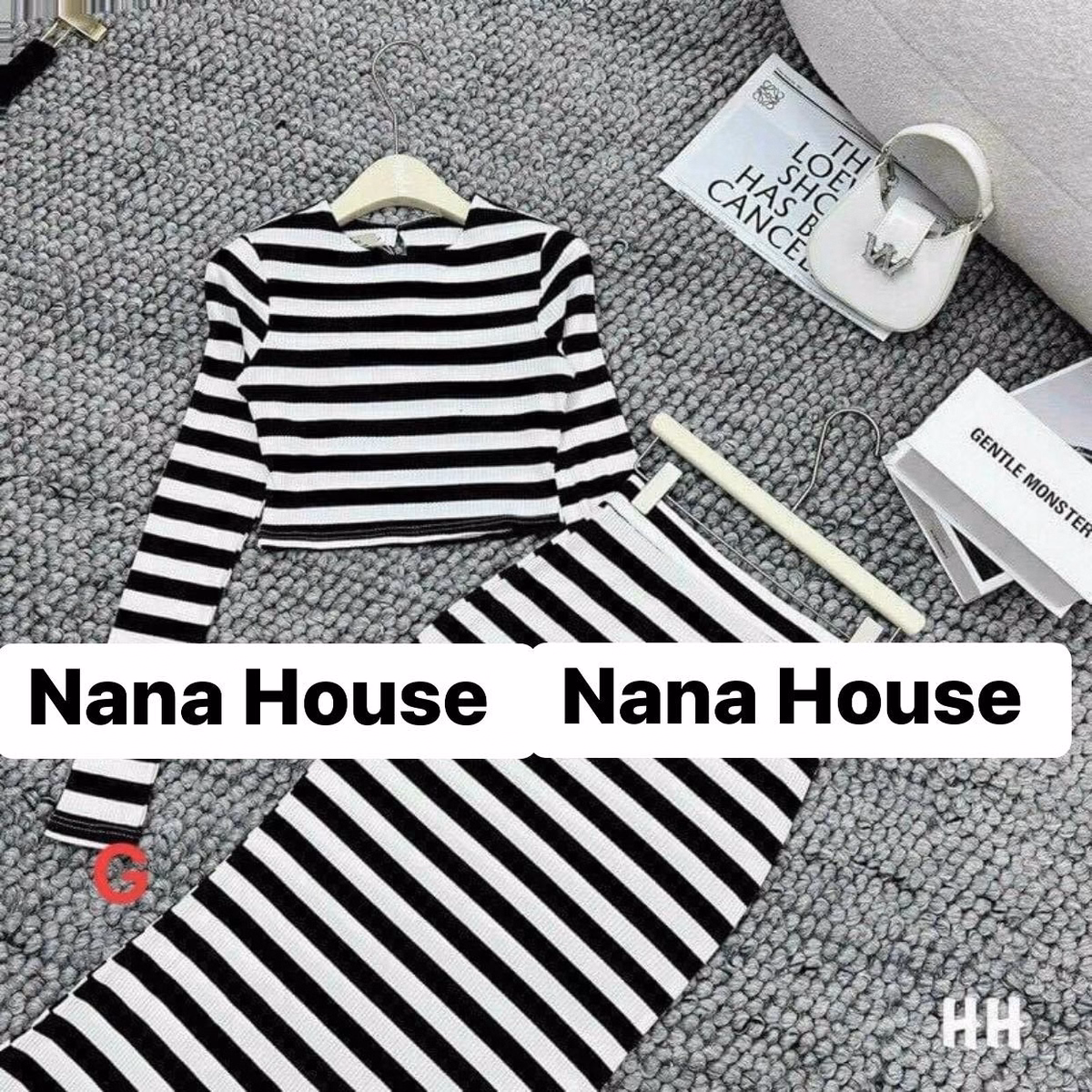 Set Đầm Váy Nữ Áo Crotop Tay Dài Phối Chân Váy Sọc Đen Trắng Bt752 - Nana House - Ảnh 4