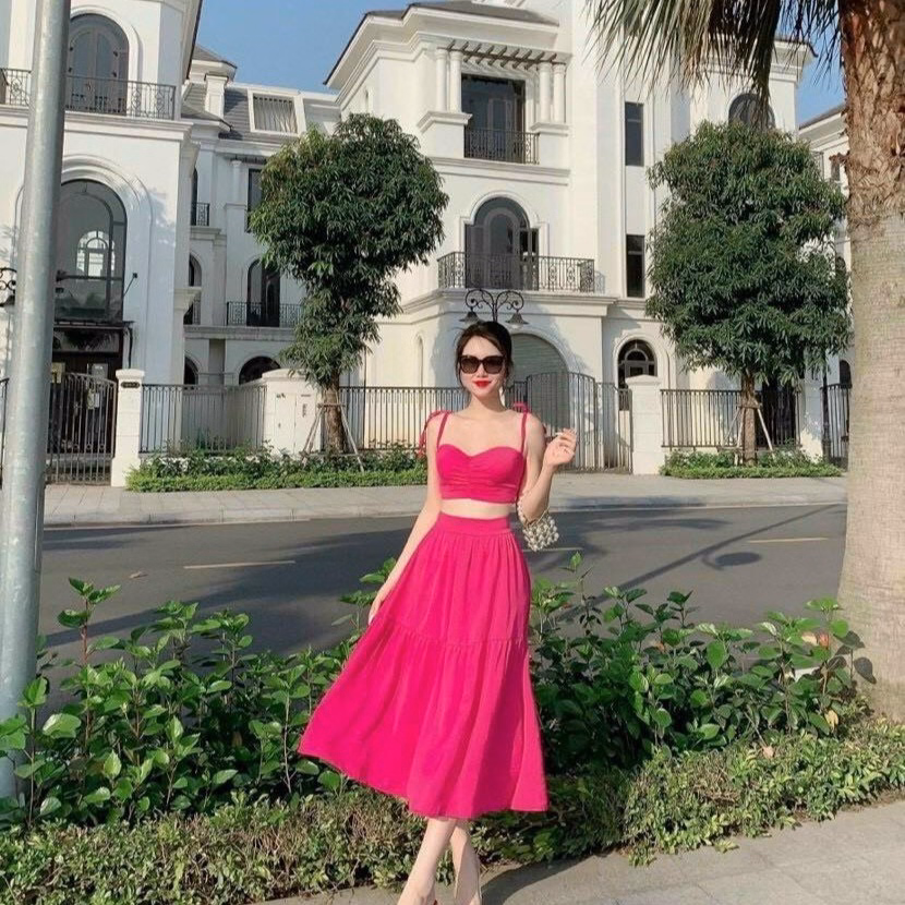 Set Bộ Đồ Nữ Áo Croptop 2 Dây Phối Váy Kate Lụa Bt634 - Nana House - Ảnh 3