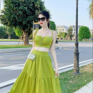 Set Bộ Đồ Nữ Áo Croptop 2 Dây Phối Váy Kate Lụa Bt634 - Nana House