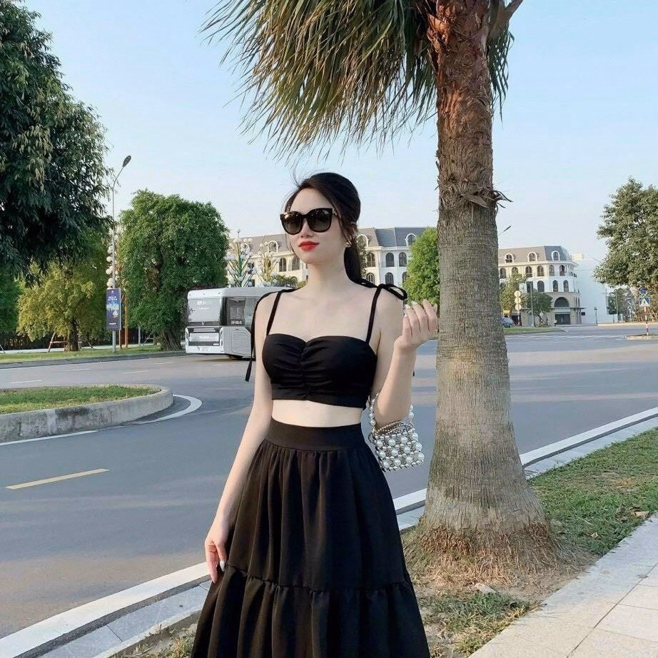 Set Bộ Đồ Nữ Áo Croptop 2 Dây Phối Váy Kate Lụa Bt634 - Nana House - Ảnh 2