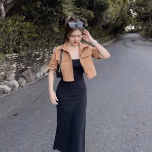 Set Đầm Váy Nữ Body 2 Dây Mix Áo Khoác Kaki Bt852 - Nana House