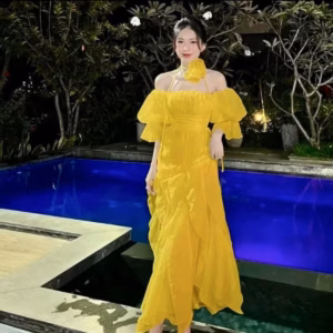 Đầm Váy Nữ Voan Tay Phồng Rớt Vai Phối Hoa Đeo Cổ Sa511 - Sam Store