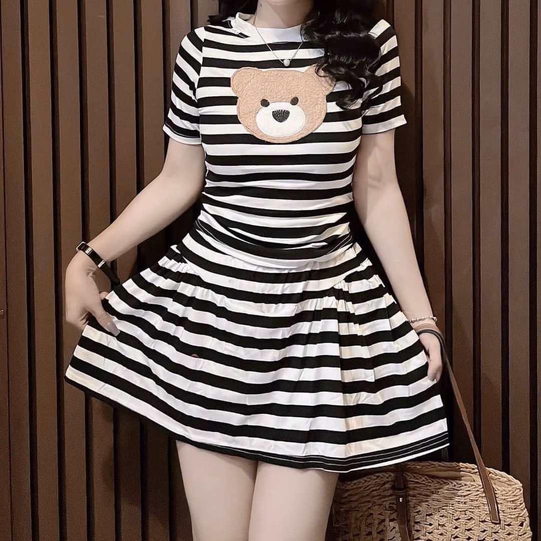 Set Đồ Váy Sọc Free Size 40 - 55 Kg, Đầm Nữ Chất Thun Hoạ Tiết Gấu Cute - Shop Mẹ Bống - Ảnh 2