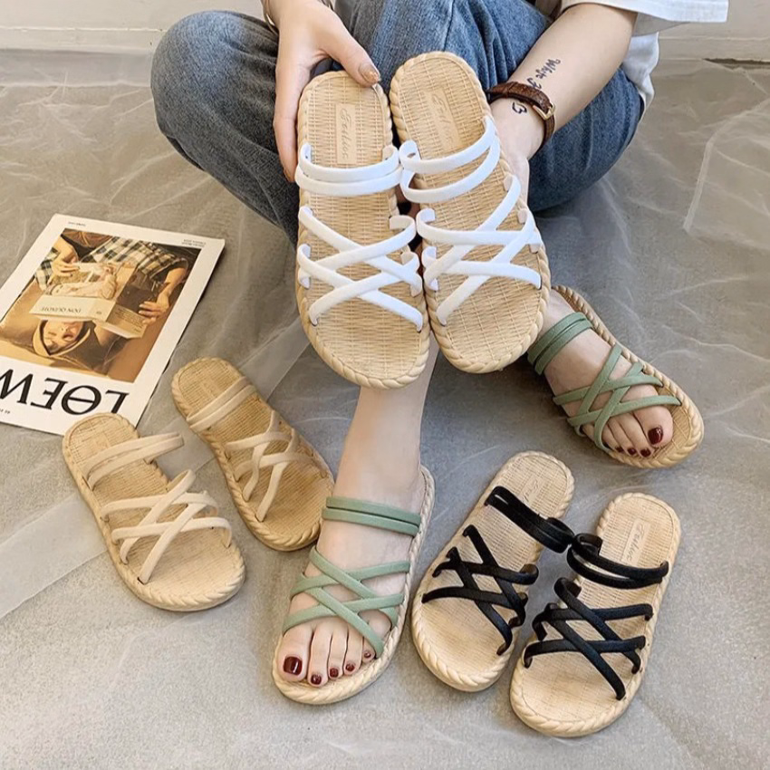 Giày Sandal, Dép Nữ Giả Cói Thời Trang Quai Chéo Đế Bằng - Shop Mẹ Bống - Ảnh 4