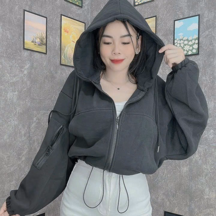 Áo Khoác Kiểu Lửng Croptop Nữ Với Chất Liệu Vải Nỉ Ngoại Có Khóa Bên Tay Bao Đẹp Kèm Túi Dễ Thương Áo Đẹp Hàng Hot Trend-Htm Fashion - Ảnh 5