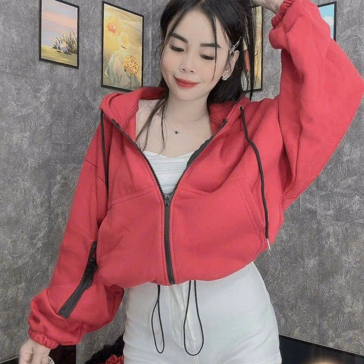 Áo Khoác Kiểu Lửng Croptop Nữ Với Chất Liệu Vải Nỉ Ngoại Có Khóa Bên Tay Bao Đẹp Kèm Túi Dễ Thương Áo Đẹp Hàng Hot Trend-Htm Fashion - Ảnh 4