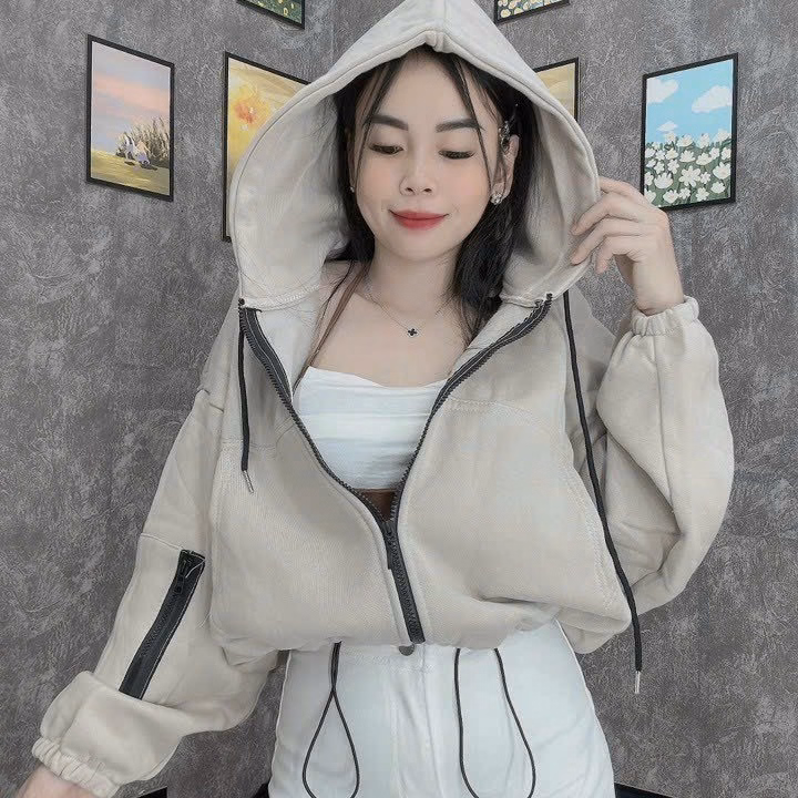 Áo Khoác Kiểu Lửng Croptop Nữ Với Chất Liệu Vải Nỉ Ngoại Có Khóa Bên Tay Bao Đẹp Kèm Túi Dễ Thương Áo Đẹp Hàng Hot Trend-Htm Fashion - Ảnh 8