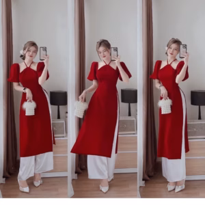 Set Áo Dài Cách Tân Nhung Đỏ Tay Phồng Cổ Yếm Sa301 - Sam Store