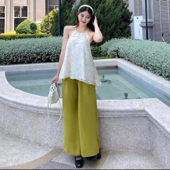 Set Bộ Đồ Nữ Áo Cổ Yếm Mix Quần Lụa Ống Rộng Sa933 - Sam Store