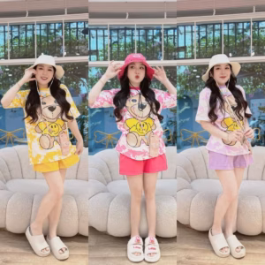 Set Đồ Bộ Mùa Hè Chất Thun Free Size Dưới 65Kg Hình Gấu Drew Dễ Thương - Shop Mẹ Bống