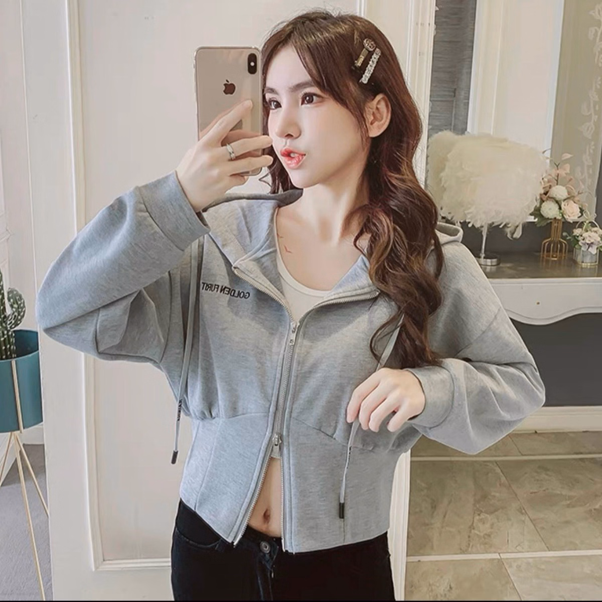 Áo Khoác Lửng Croptop Nữ Chất Liệu Nỉ Ngoại Dày Thoáng Mát Có Thêu Chữ Goldenfurit Bao Đẹp Hàng Hot Trend-Htm Fashion - Ảnh 6