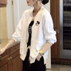 Áo Khoác Nỉ Nữ Phối Theo Form Rộng Có Thêu Chuột Mikey Xẻ Tà Cổ Bo Xinh Xắn Áo Đẹp Hàng Hot Trend-Htm Fashion