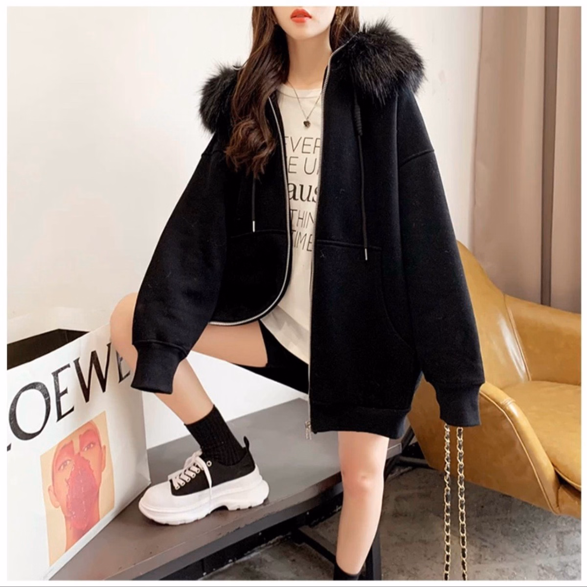 Áo Khoác Hoodie Nỉ Bông Nam Nữ Vành Nón Làm Bằng Lông Vũ Siêu Ấm Chất Liệu Vải Dày Dặn Form Rộng Bao Đẹp Áo Hot Trend-Htm Fashion - Ảnh 5