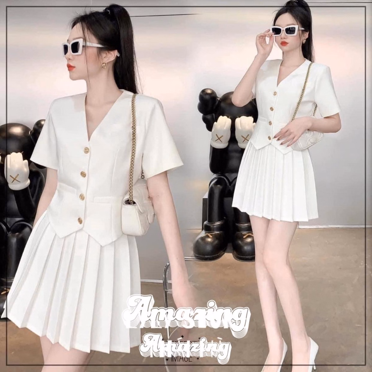 Set Bộ Đồ Nữ Áo Cổ Tim Đính Nút Phối Chân Váy Xếp Ly Sa802 - Sam Store - Ảnh 2