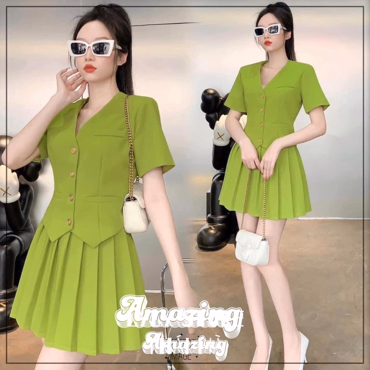 Set Bộ Đồ Nữ Áo Cổ Tim Đính Nút Phối Chân Váy Xếp Ly Sa802 - Sam Store - Ảnh 3