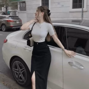 Set Bộ Đồ Nữ Áo Thun Gân Mix Chân Váy Kaki Dài Dd011 - Nana House