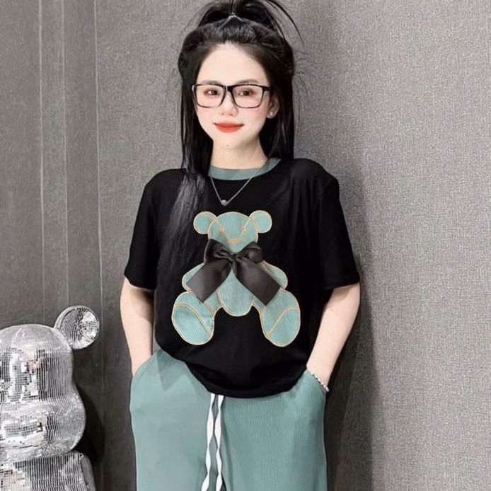 Set Bộ Đồ Nữ Thun Tăm Lạnh Thêu Gấu Đính Nơ Sa855 - Sam Store