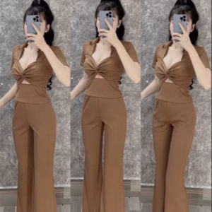 Set Bộ Đồ Nữ Cách Điệu Nơ Xoắn Ngực Phối Quần Dài S34- Nana House