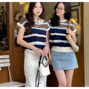 Áo Len Mongtoghi Tay Hến Cổ Bẻ Họa Tiết Kẻ Phối Màu - Chipxinhxk