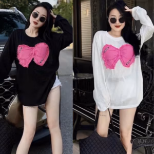 Áo Thu Đông Dài Tay Nữ Hình Nơ Màu Hồng Cổ Tròn Nữ