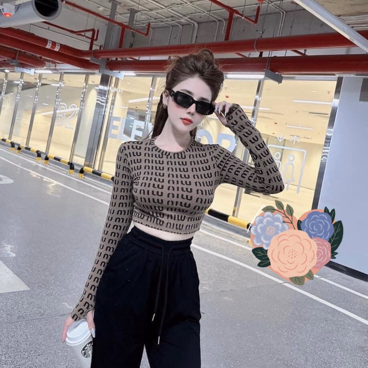 Set Bộ Đồ Nữ Áo Croptop Tay Dài Mix Quần Ống Suông Bt883 - Nana House - Ảnh 3