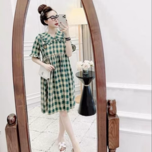 Đầm Váy Nữ Caro Dáng Babydoll Cổ Lá Sen Tay Phối Bèo Sa583 - Sam Store
