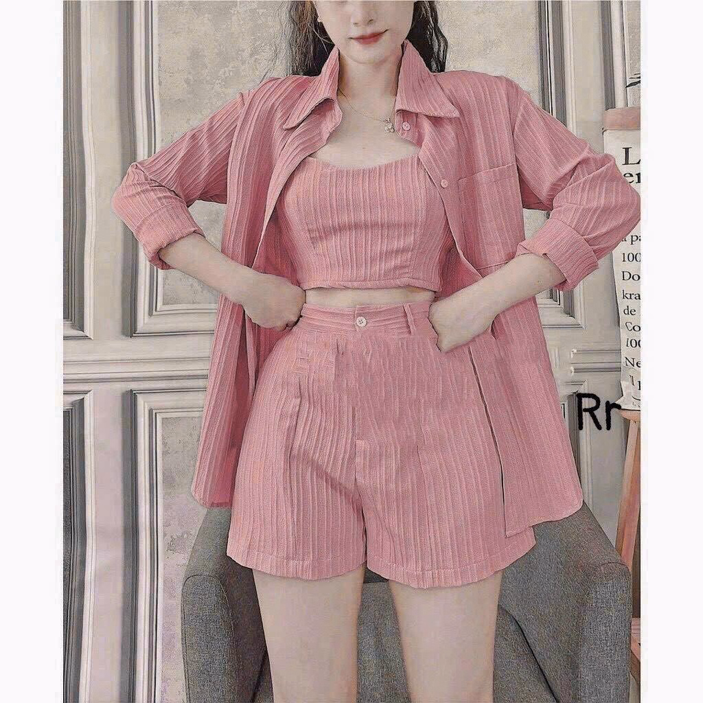 Set Bộ Đồ Nữ 3 Món Áo Sơ Mi Kèm Áo Croptop Mix Quần Short Sa864 - Sam Store - Ảnh 2