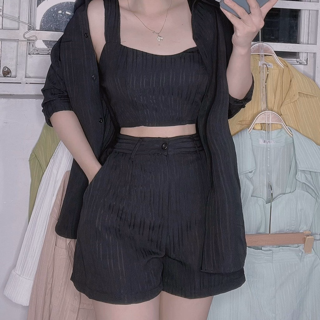 Set Bộ Đồ Nữ 3 Món Áo Sơ Mi Kèm Áo Croptop Mix Quần Short Sa864 - Sam Store - Ảnh 3