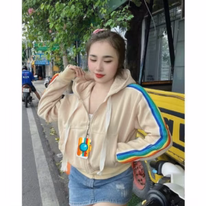 Áo Khoác Dáng Lửng Dày Dặn Nữ Phối Sọc Cầu Vòng Kèm Túi Xỏ Ngón Siêu Đẹp Form Rộng Cá Tính Hàng Hot Trend-Htm Fashion