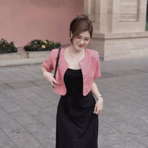 Set Đầm Váy Nữ Thun Borip 2 Dây Mix Áo Khoác Linen Sa854 - Sam Store