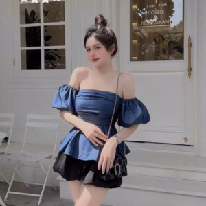 Set Bộ Đồ Nữ Áo Denim Rớt Vai Phối Quần Lụa Sa782 - Sam Store