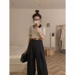 Áo Len Cô Bẻ Phối Màu, Họa Tiết Kẻ Viền Tay, Viền Gấu Phong Cách Hàn Quốc - Chipxinhxk