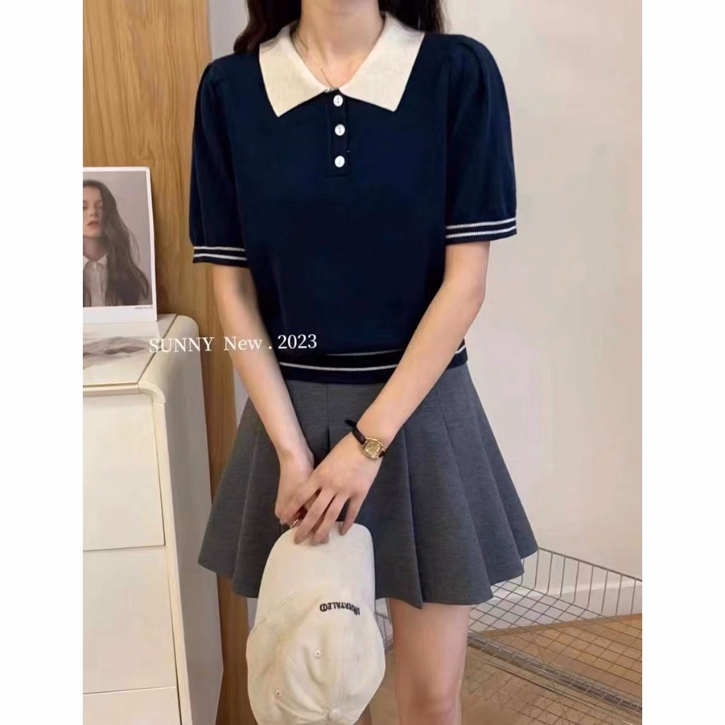 Áo Len Cô Bẻ Phối Màu, Họa Tiết Kẻ Viền Tay, Viền Gấu Phong Cách Hàn Quốc - Chipxinhxk - Ảnh 2