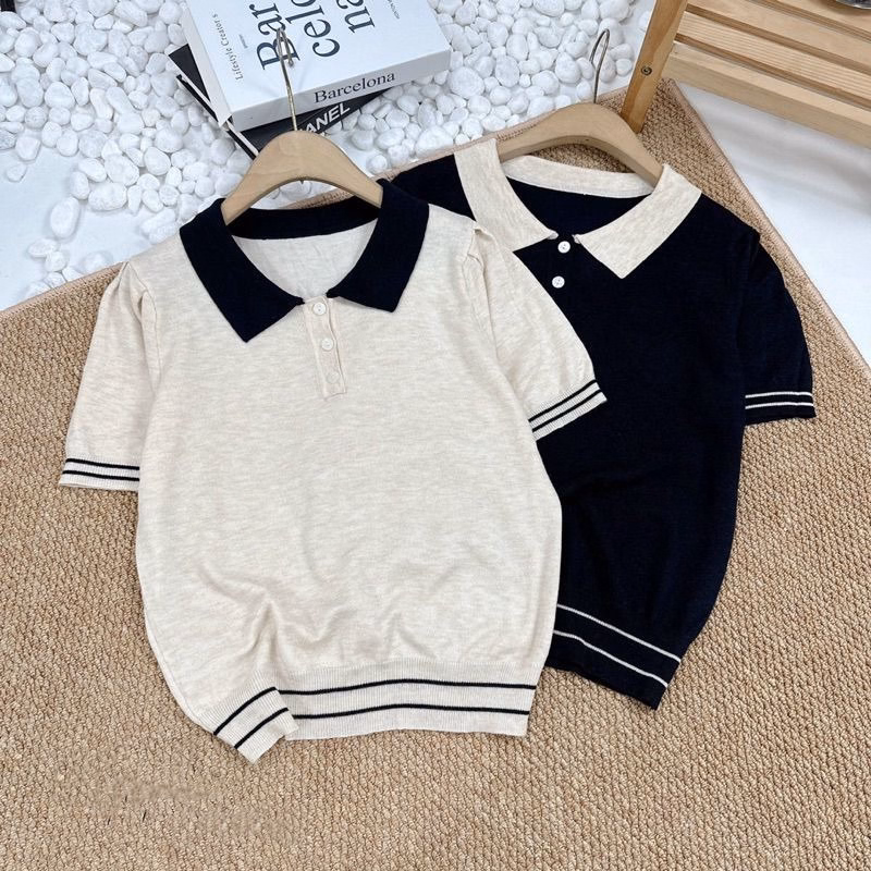 Áo Len Cô Bẻ Phối Màu, Họa Tiết Kẻ Viền Tay, Viền Gấu Phong Cách Hàn Quốc - Chipxinhxk - Ảnh 5