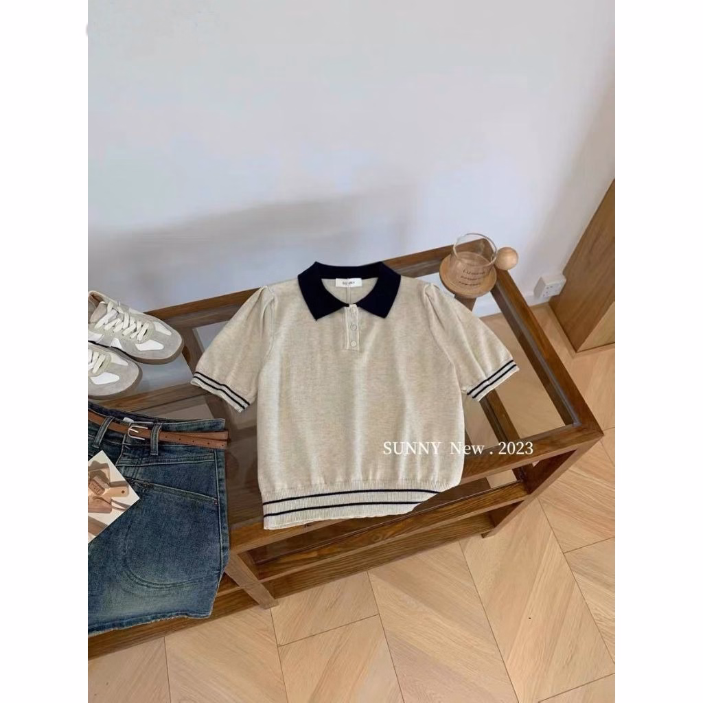 Áo Len Cô Bẻ Phối Màu, Họa Tiết Kẻ Viền Tay, Viền Gấu Phong Cách Hàn Quốc - Chipxinhxk - Ảnh 7