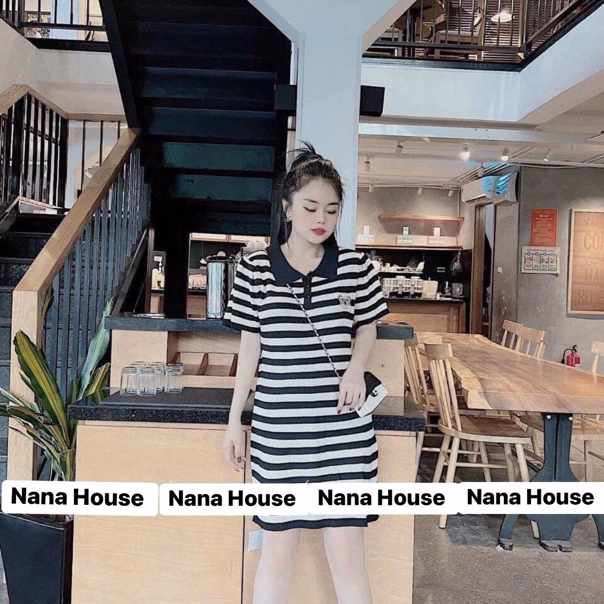 Đầm Váy Nữ Cổ Sơ Mi Sọc Đen Trắng Bt654 - Nana House - Ảnh 4
