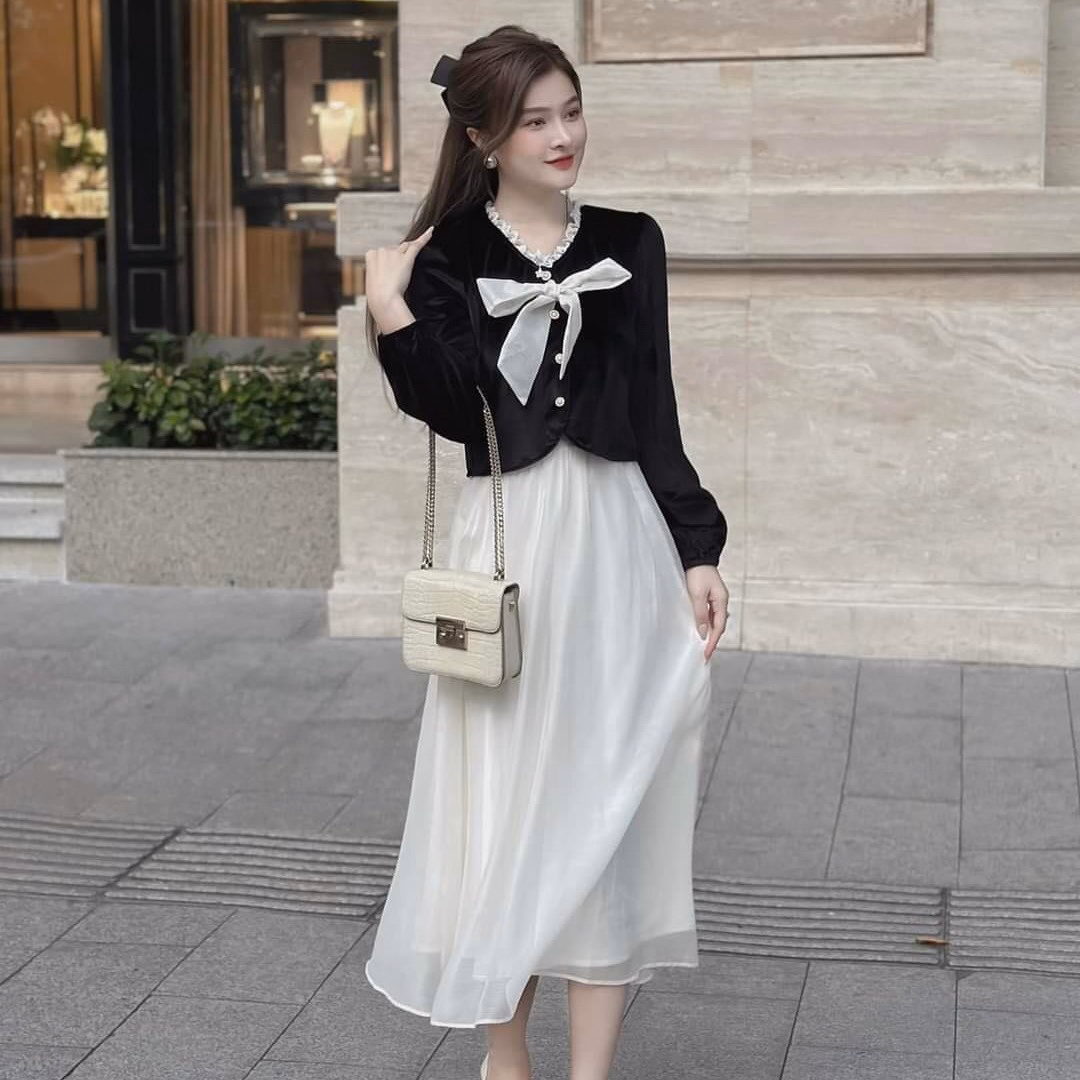 Set Đầm Váy Nữ Áo Nhung Cứng Phối Váy Voan Tơ 2 Lớp Bt108 - Nana House - Ảnh 2