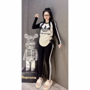 Set Đồ Bộ Thun Gân Áo Dài Tay Phối Quần Kẻ Sọc Cánh Sen - Ausa House