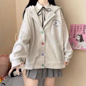 Áo Cadigan Nữ Vải Nỉ Ngoại Thêu Tim Phối Cúc Nhiều Màu Có Mũ Form Rộng Ut89 - Golden Dream