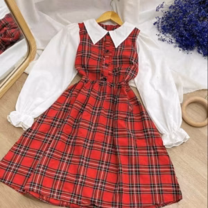 Đầm Váy Nữ Caro Phối Trắng Tay Dài Cổ Trụ Sa605 - Sam Freesize < 53Kg