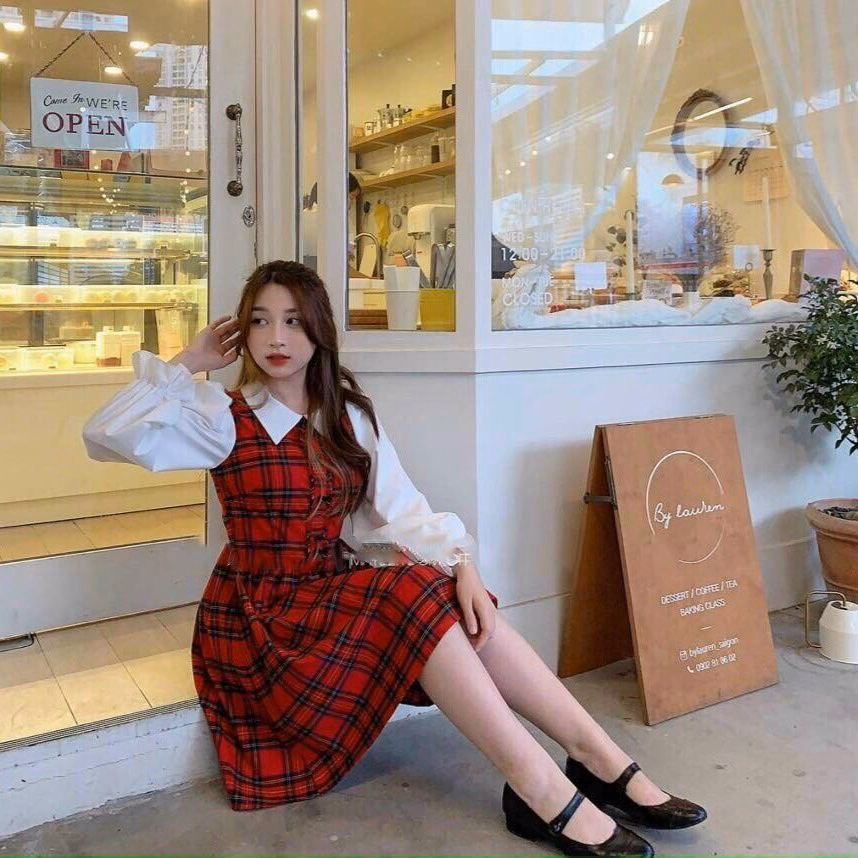 Đầm Váy Nữ Caro Phối Trắng Tay Dài Cổ Trụ Sa605 - Sam Freesize < 53Kg - Ảnh 6