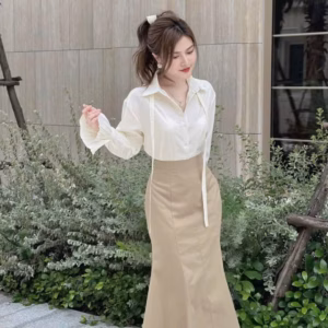 Set Áo Sơ Mi Tay Dài Lụa Hàn Mix Chân Váy Kaki Dd1154 - Nana House