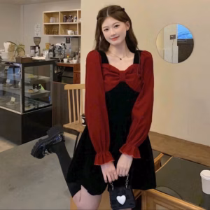 Đầm Váy Nhung Cổ Nơ Tay Dài Phối Màu Dd1008- Nana House